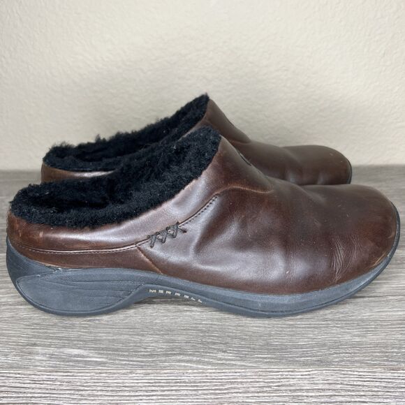 Merrell Encore Ice Smooth Brown Leather Mules Clogs Womens 9.5 Sherpa Lined - Picture 5 of 13